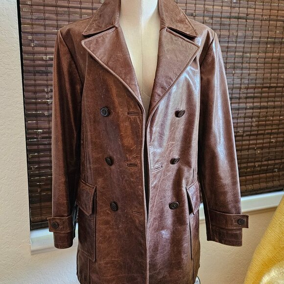 Vintage Guess Weathered Brown Leather Button Close Jacket Small - Picture 1 of 11